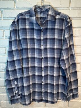 Johnnie-O Shirt Men Large Blue Plaid Featherweight Cotton Linen Button Up‎ L/S